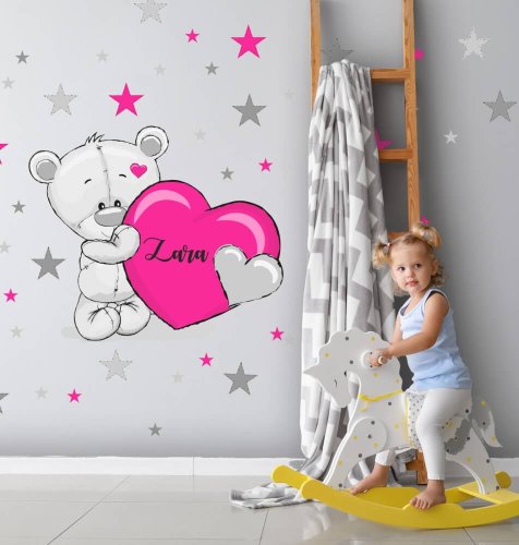 Αυτοκόλλητο τοίχου για κορίτσι - Αρκουδάκι με όνομα και καρδιά
