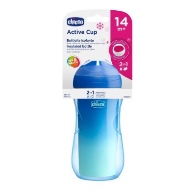 Kubek termiczny CHICCO Active z napojem 266 ml niebieski, gwiazdki 14m+