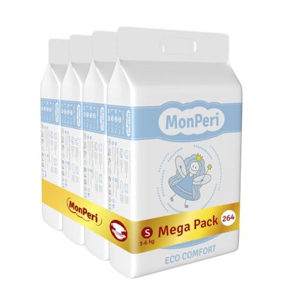 MONPERI Pannolini Eco Comfort usa e getta S (3-6 kg) 264 pz - Mega Conf