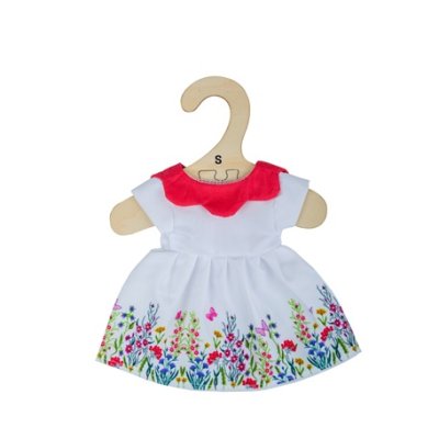Bigjigs Toys Biała sukienka w kwiaty z czerwonym kołnierzykiem dla lalki 25 cm