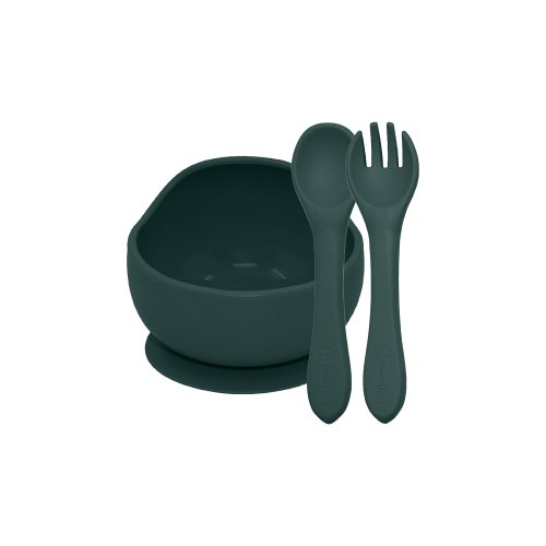 PETITE&MARS Juego de comedor silicona TAKE&MATCH 2 cuencos + cubiertos Misty Green 6m+