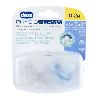 CHICCO Smoczek Physio Mini Soft pełny silikon 0-2m chłopiec 2 szt