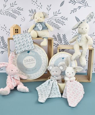 Doudou Zestaw prezentowy - Pluszowa myszka z kocykiem z bawełny organicznej 15 cm zielono-biała