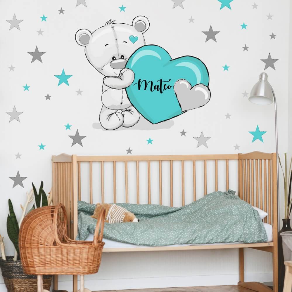 Vinilo Decorativo Para Niño En Color Turquesa - Oso Con Nombre