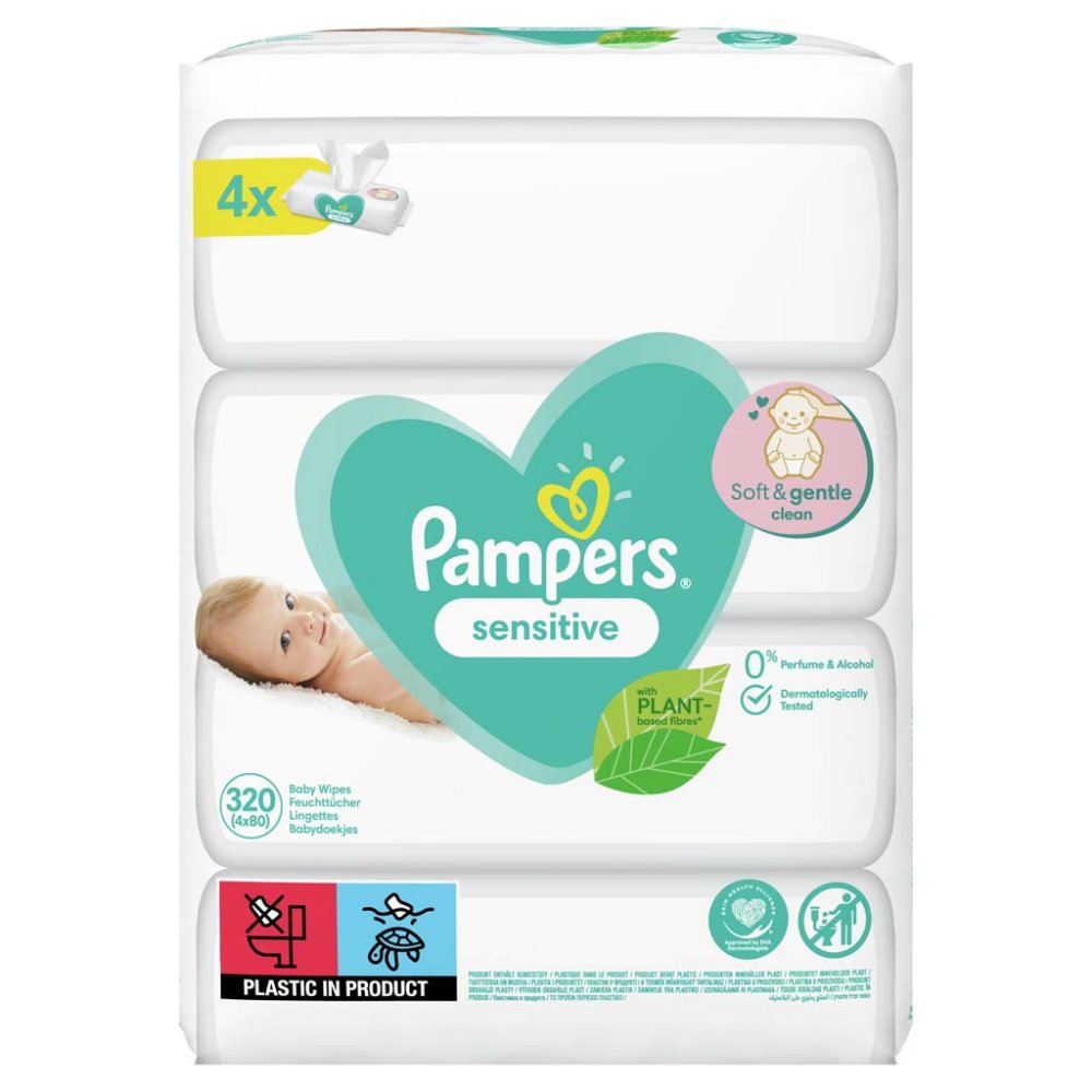 PAMPERS Sensitive Chusteczki Nawilżane, 4 Opakowania = 320 Szt