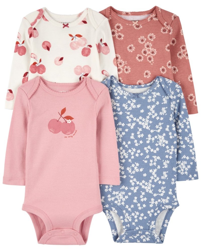 Body a maniche lunghe CARTER'S rosa/blu floreale per bambina, 4 pezzi, taglia 12 mesi. 80