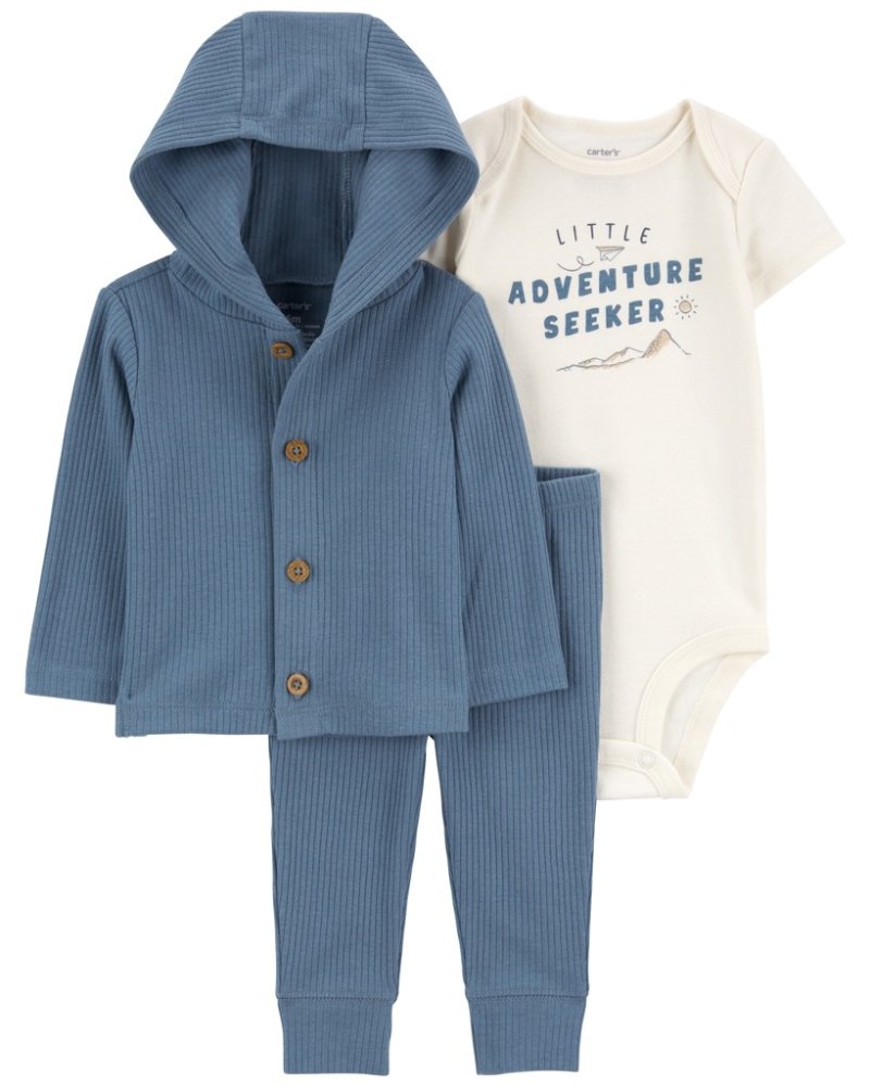 Ensemble 3 pièces CARTER'S sweat-shirt, body, short manche, pantalon de survêtement Blue Adventure garçon 3m/taille. 62
