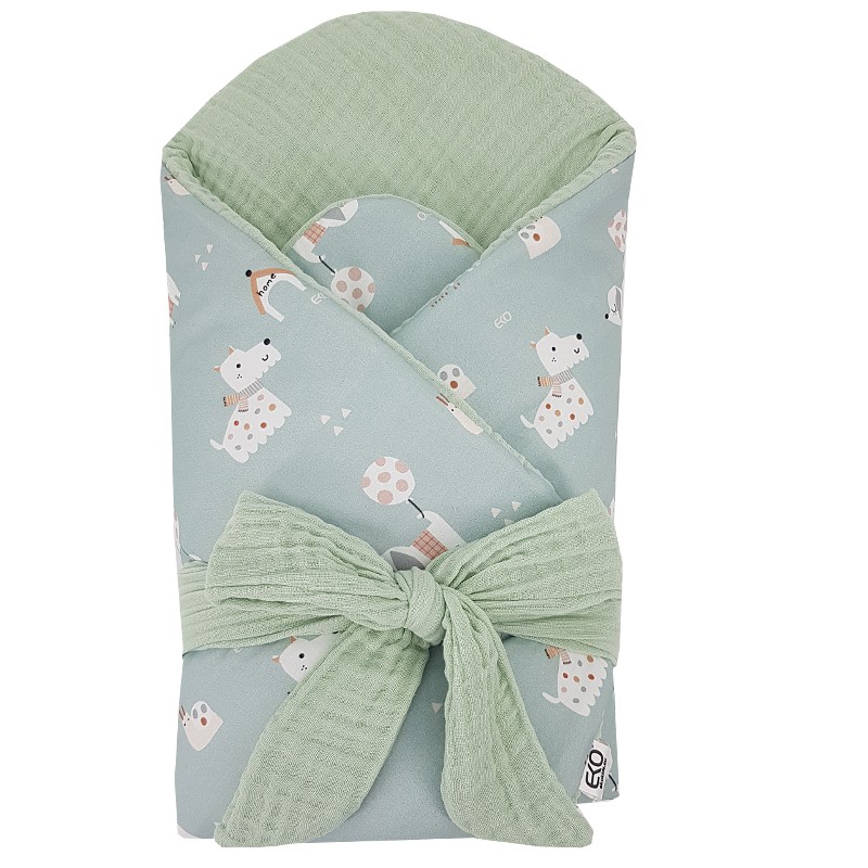 Couverture d'emmaillotage EKO en mousseline avec insert amovible en noix de coco Dogs Muselin Mint 75x75 cm