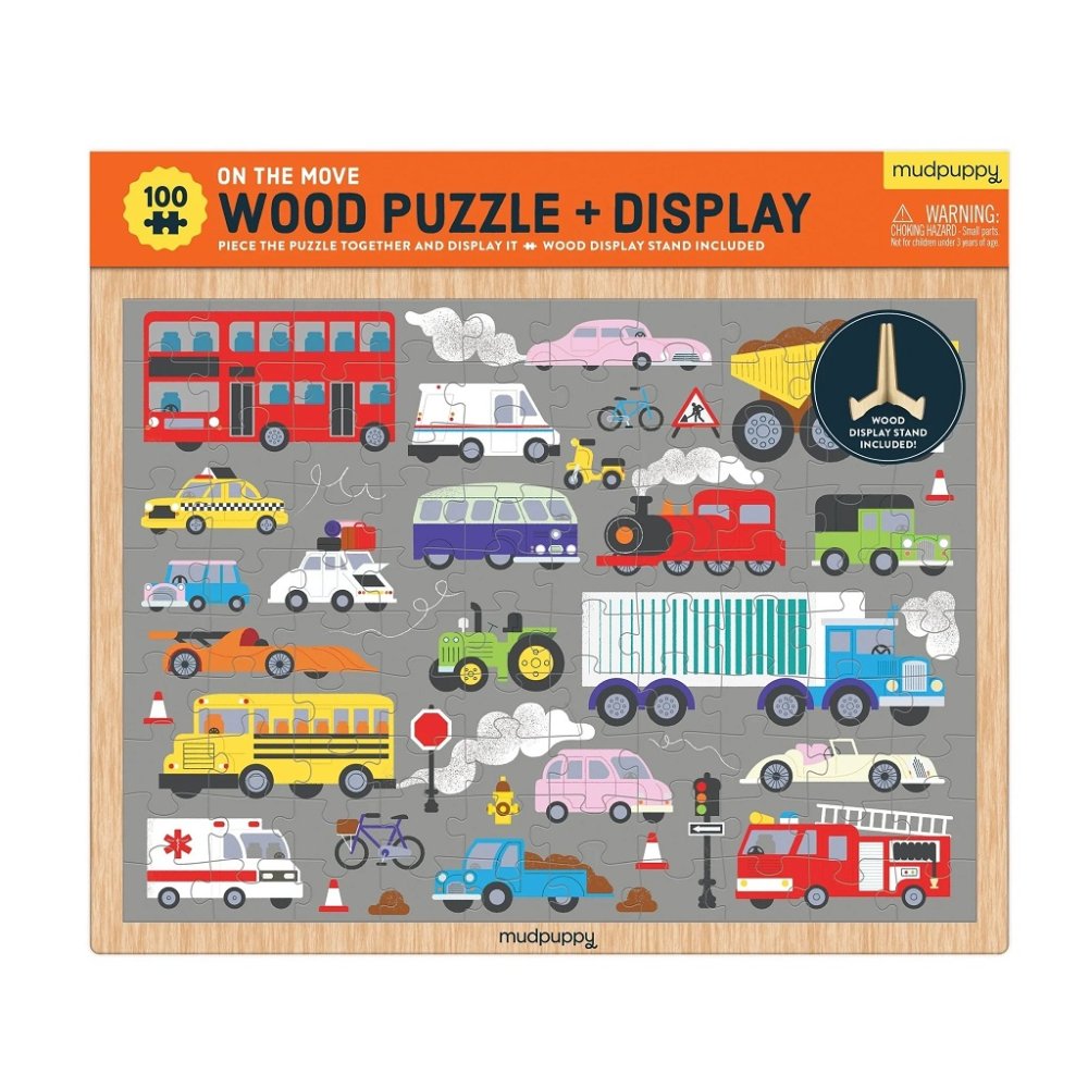Mudpuppy Holzpuzzle Transportmittel + Ständer 100 Teile