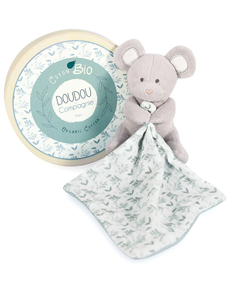 Doudou Set de Regalo - Ratón de peluche con manta de algodón orgánico BIO 15 cm verde y blanco