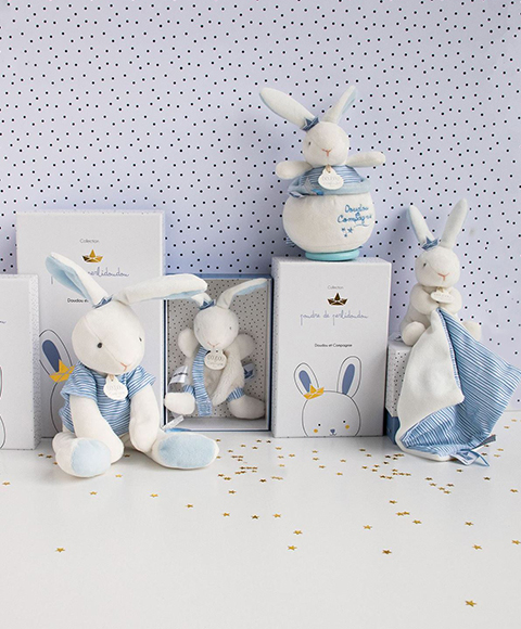 Doudou Dárková sada - Hračka s úchytem na dudlík králíček 15 cm modrý (obrázek 5)