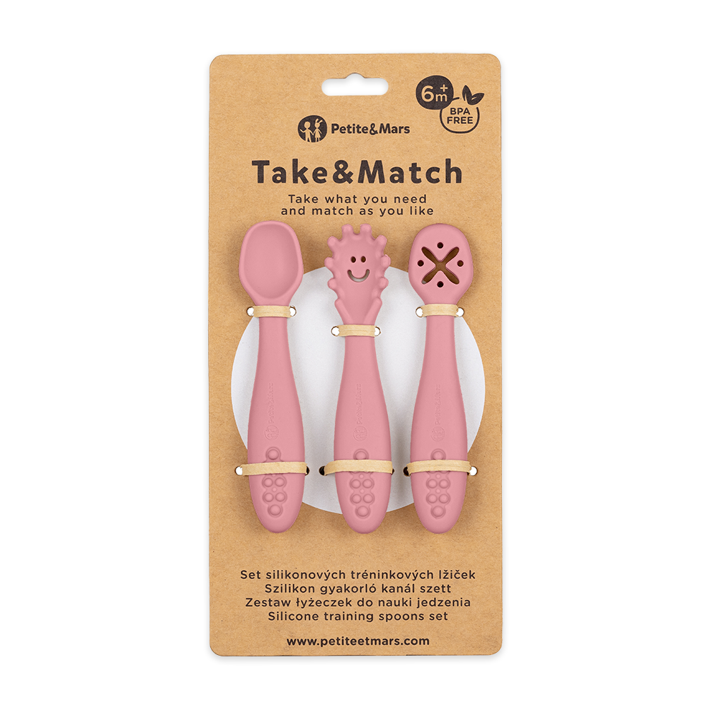 PETITE&MARS Set di 3 cucchiai da allenamento in silicone Take&Match Dusty Rose 6m+