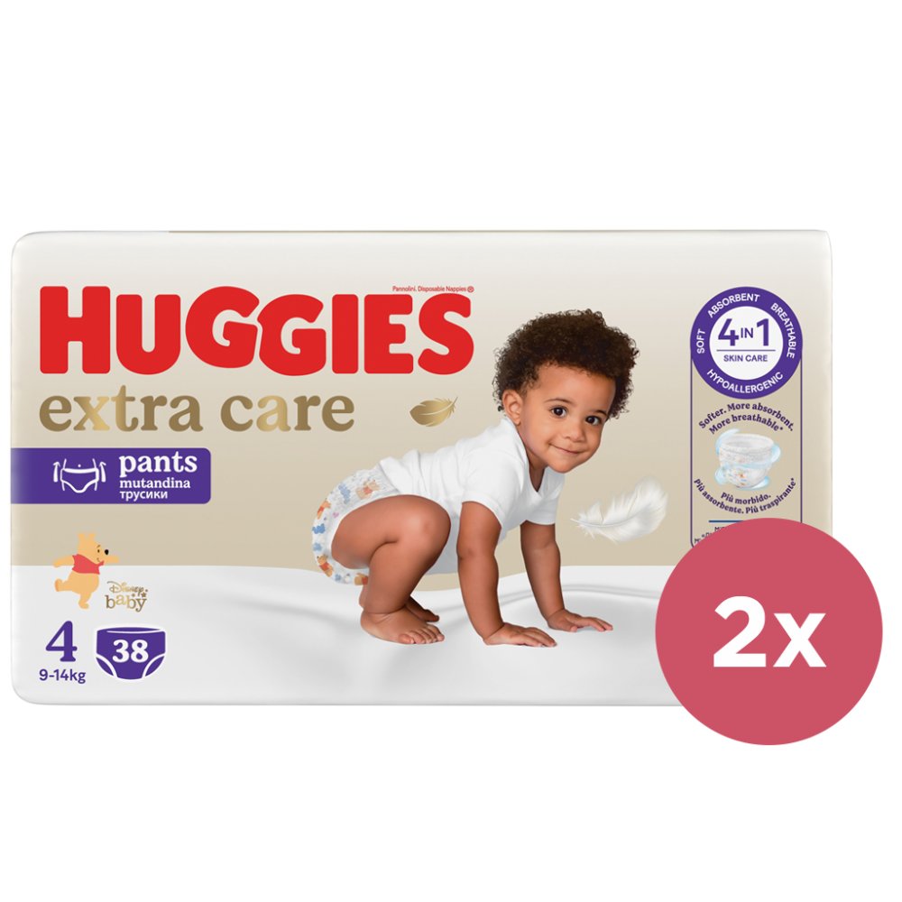 2x HUGGIES® Kalhotky Plenkové Jednorázové 4 Extra Care Pants (9-14 Kg) 38 Ks