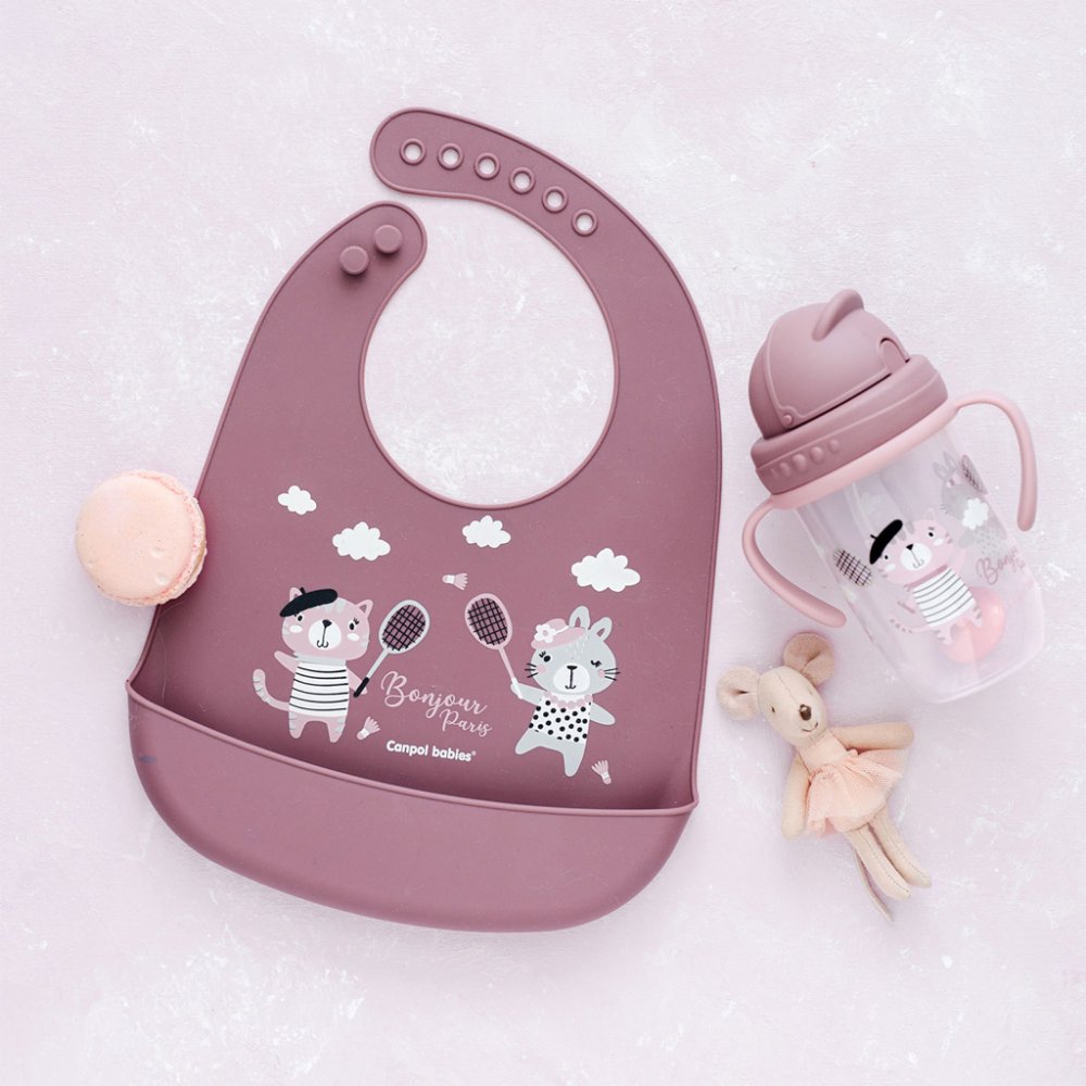 CANPOL BABIES Silikon-Lätzchen Mit Tasche Bonjour Paris Rosa