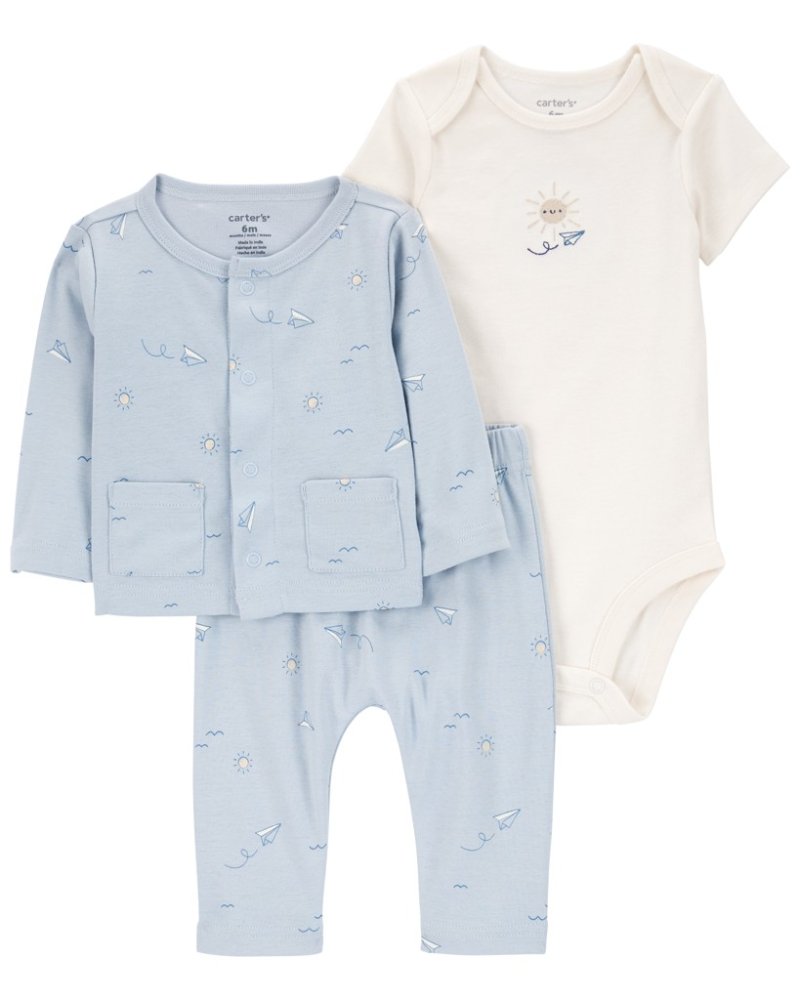 Ensemble 3 pièces CARTER'S sweat-shirt, body, short manche, pantalon de survêtement bleu avion garçon MFL 3m/taille. 62