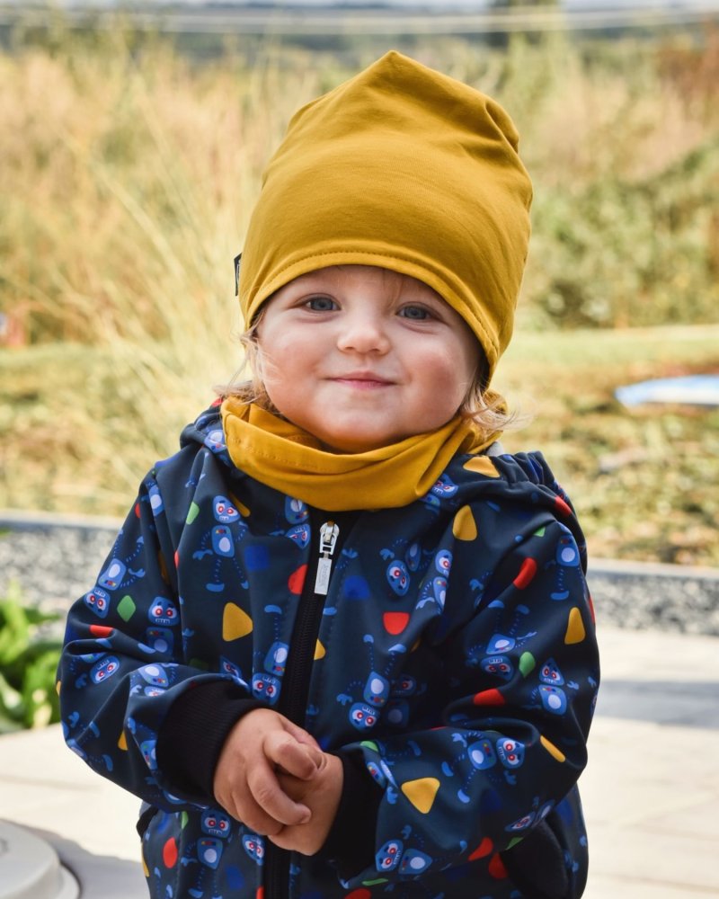 Berretto da bambino in cotone, reversibile, nero+mustard M (4-14 let)