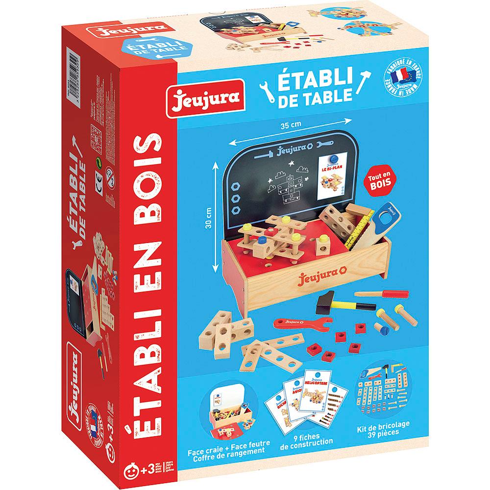 Jeujura Tavolo in legno con attrezzi per kit di costruzione per piccoli tuttofare 39 pezzi