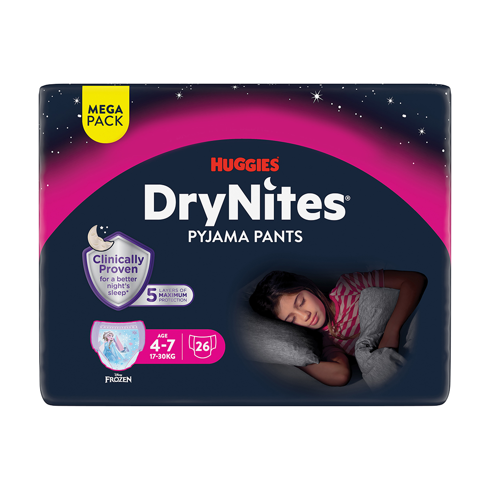 HUGGIES® Braguitas pañal desechables DryNites MEGA 17-30 kg Niña, 26 unidades, M
