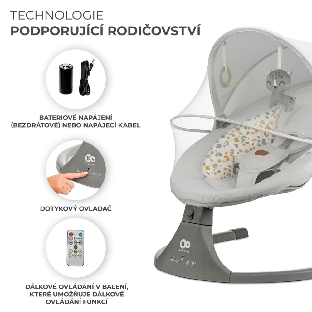 KINDERKRAFT Schommelstoel Met Melodie 2 In 1 Lumi, Tot 9 Kg, Premium Lichtgrijs