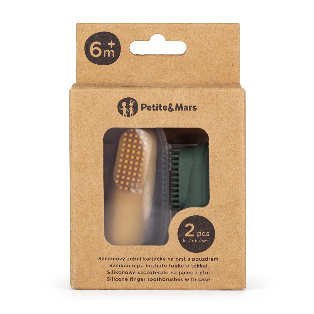 PETITE&MARS Set Silikonskih Prstnih Zobnih ščetk Ochre&Green 2 Kos 0m+