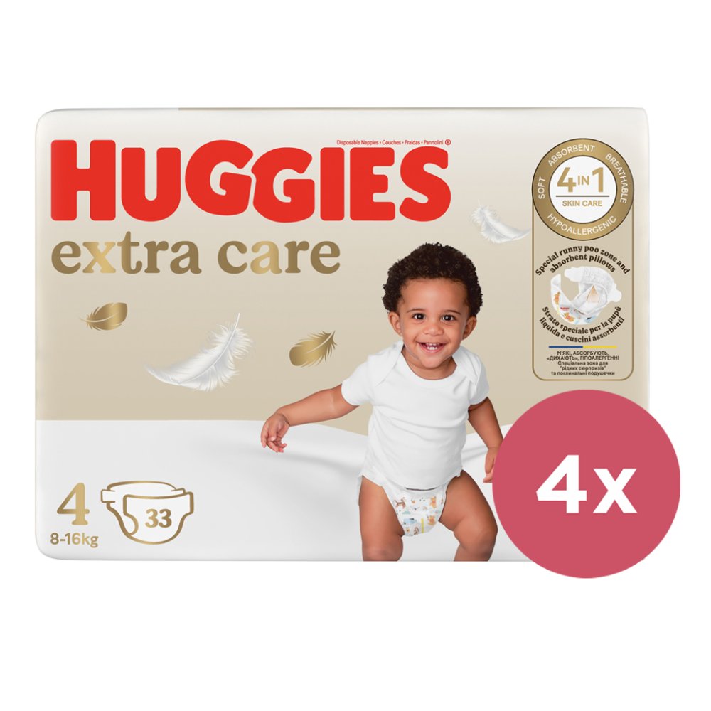 4x HUGGIES® Pleny Jednorázové Extra Care 4 (8-14 Kg) 33 Ks