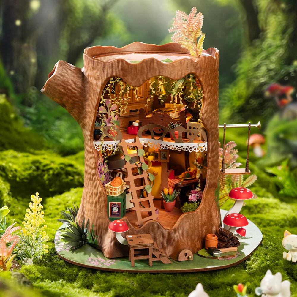 RoboTime 3D dřevěná skládačka Miniatura domečku Lesní chaloupka z pařezu (obrázek 7)