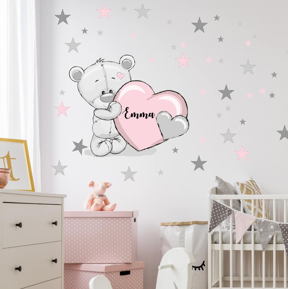 Vinilo Decorativo Infantil - Osito Con Corazón En Polvo Y Nombre