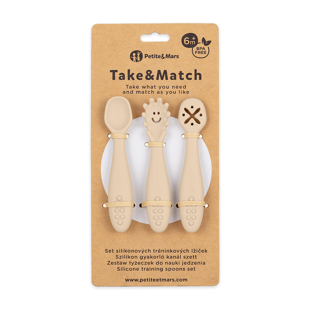 PETITE&MARS Set Van 3 Siliconen Trainingslepels Take&Match Desert Sand 6m+