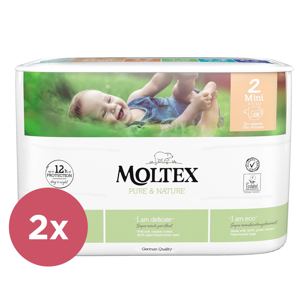 2x Pieluszki Jednorazowe MOLTEX Pure&Nature 2 Mini (3-6 Kg) 38 Szt.