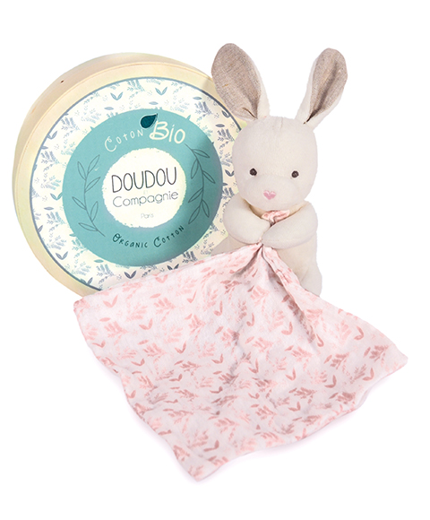 Coffret cadeau Doudou - Lapin en peluche avec couverture rose en coton BIO 15 cm