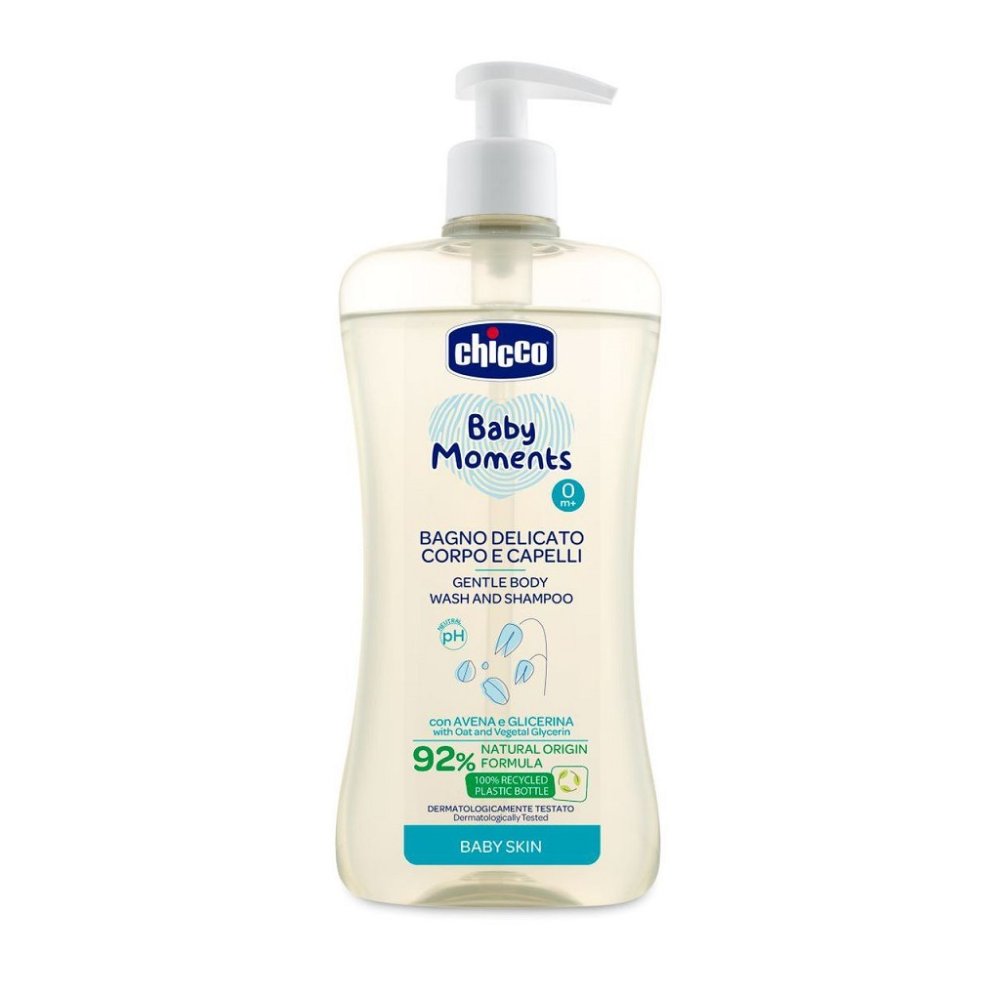 CHICCO Šampon Jemný Na Vlasy A Tělo S Dávkovačem Baby Moments 92 % Přírodních Složek 500 Ml