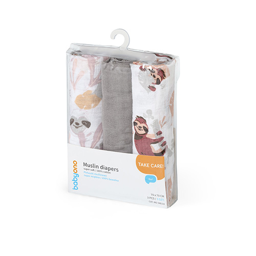 BABYONO Super Soft Muslin Diapers 3 Pcs - Grey, 70x70 Cm