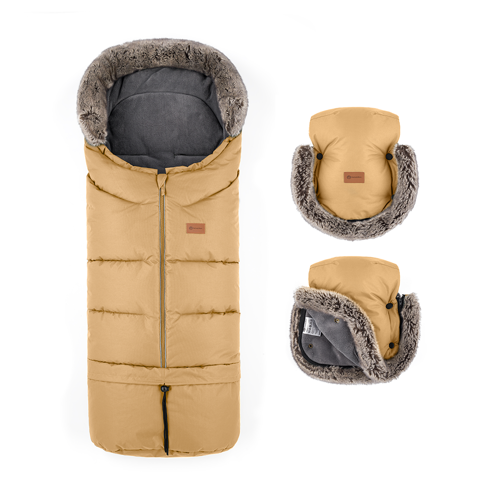 PETITE&MARS Zestaw zimowy śpiworek Arctic 4w1 + rękawice do wózka Furry Elegant Caramel