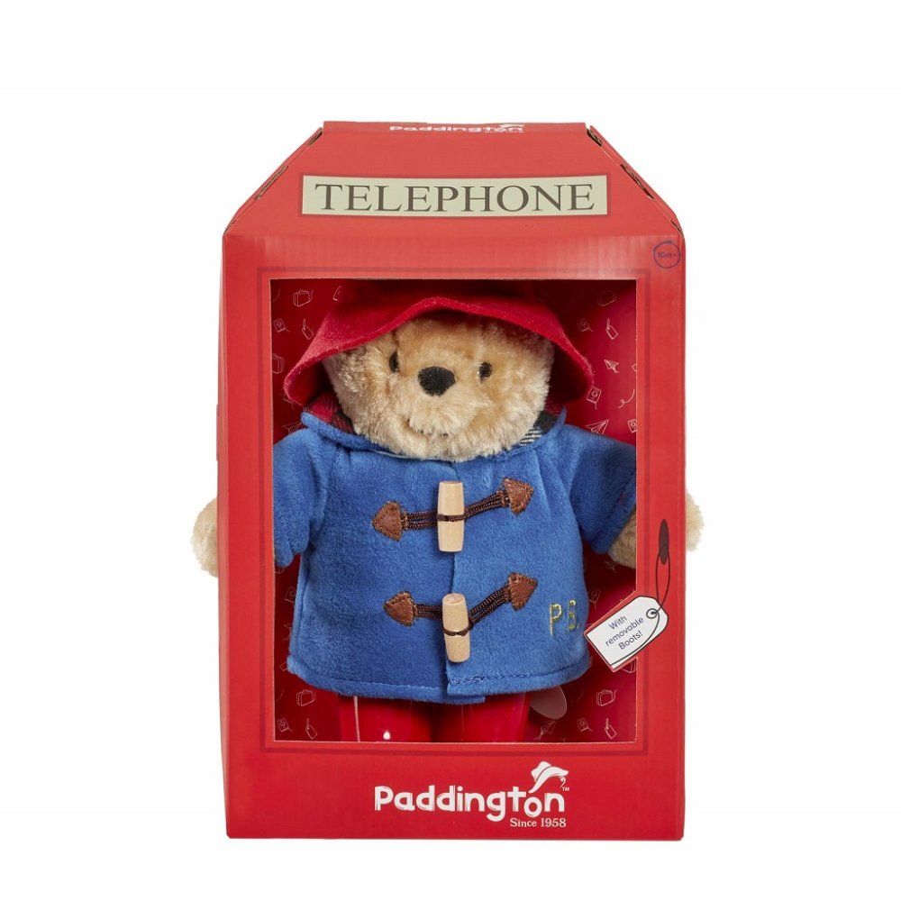 Tęczowy Pluszowy Paddington w budce telefonicznej