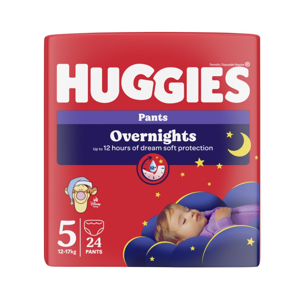 HUGGIES® Pañales-braguita nocturnos Overnights Pants talla 5 (12-17 kg), 24 unidades