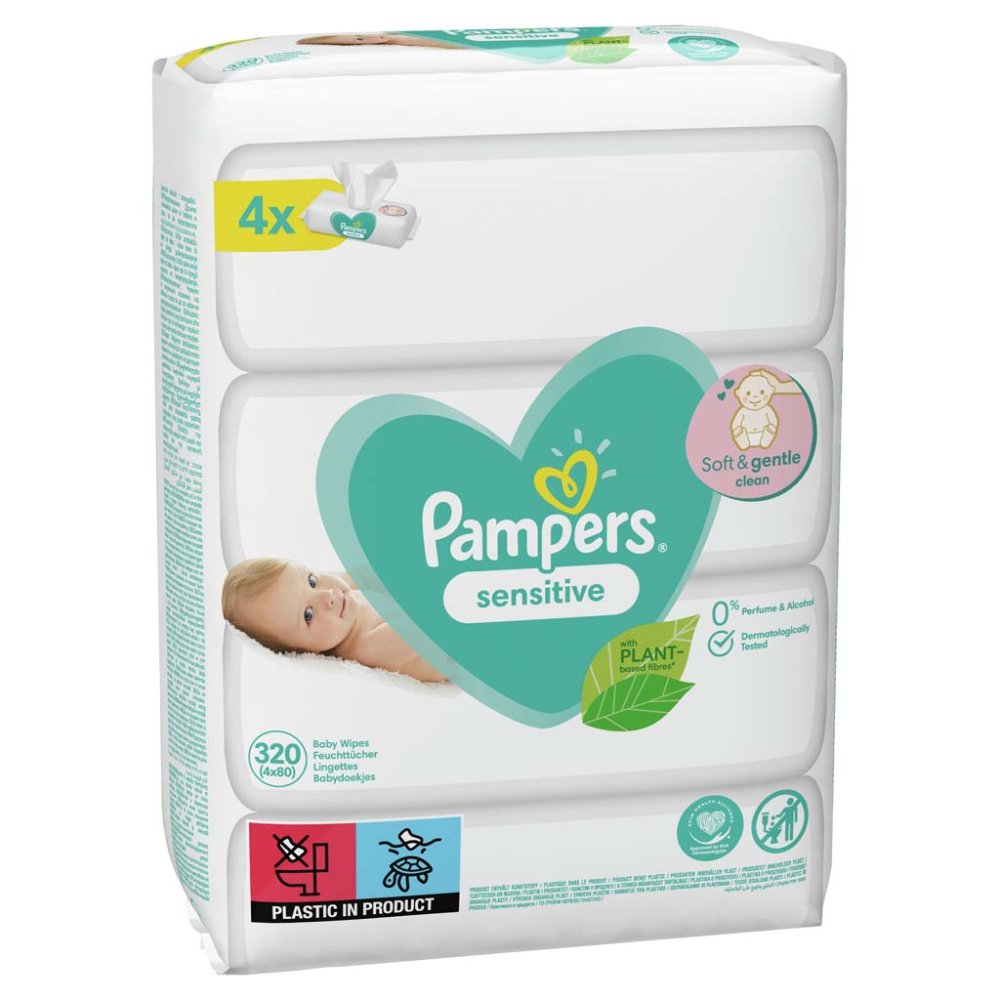 PAMPERS Sensitive Chusteczki Nawilżane, 4 Opakowania = 320 Szt