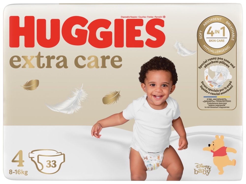 4x HUGGIES® Pleny Jednorázové Extra Care 4 (8-14 Kg) 33 Ks