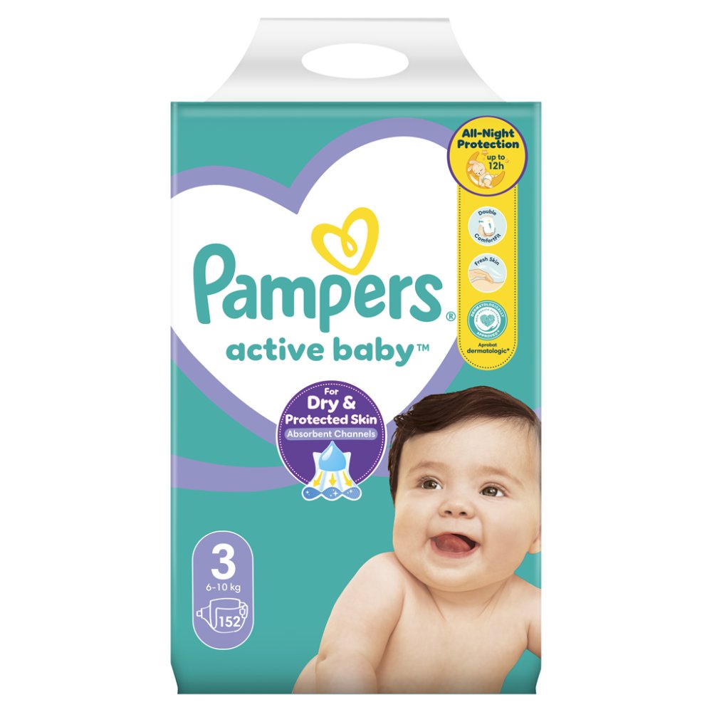 Couches Jetables PAMPERS Active Baby 3 (6-10 Kg) 152 Pièces - MEGA PACK