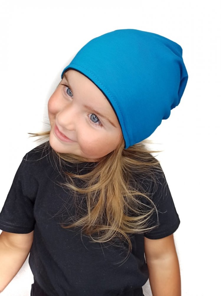 Berretto da bambino in cotone, reversibile, nero+turchese scuro M (4-14 let)