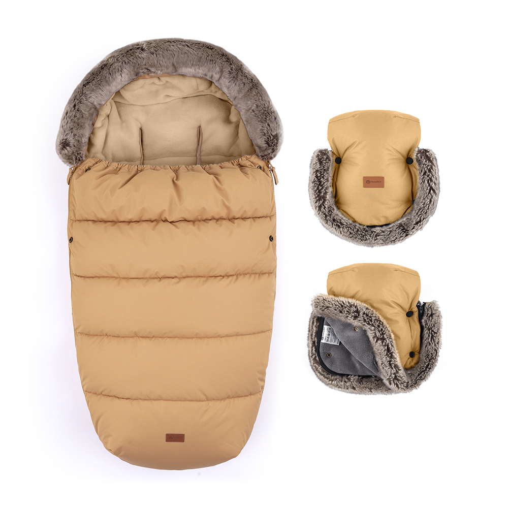 PETITE&MARS Ensemble chancelière d'hiver Comfy 4en1 + gants pour poussette Furry Elegant Caramel
