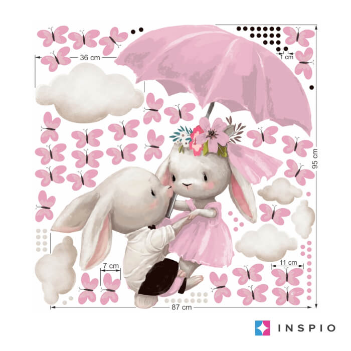 Sticker Mural - Lapins Volant Sur Un Parapluie Rose