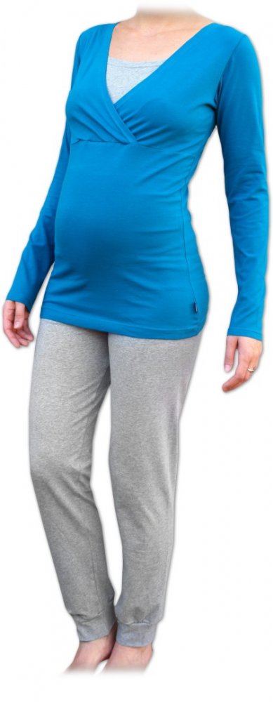 Maternity and nursing pyjamas, long, petrol + grey L/XL