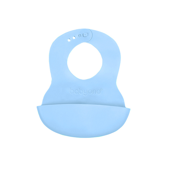 BABYONO Bavaglino morbido in plastica con tasca senza BPA blu 6m+