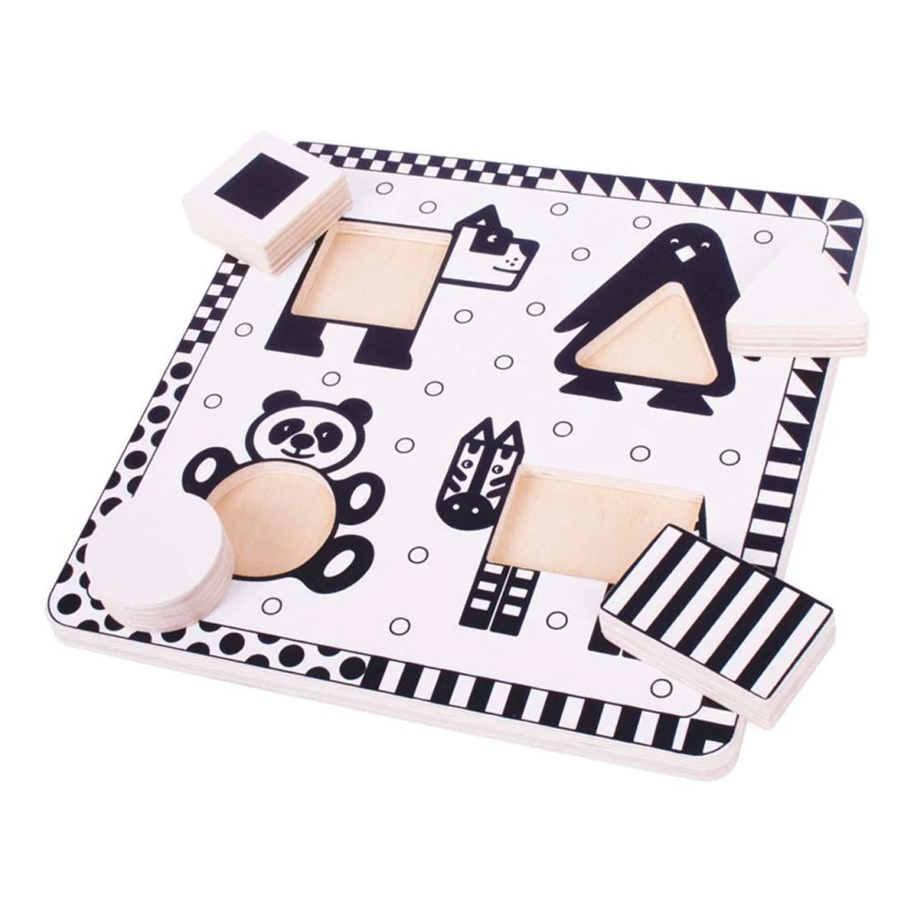 Bigjigs Toys Puzzle de madera encajable formas blanco y negro 1