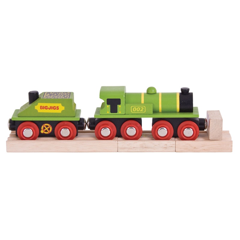 Bigjigs Rail Zielona lokomotywa z tendrem + 3 tory