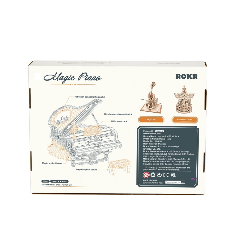 RoboTime 3D dřevěná skládačka hrací skříňky Kouzelné piano (mechanický pohon) (obrázek 2)