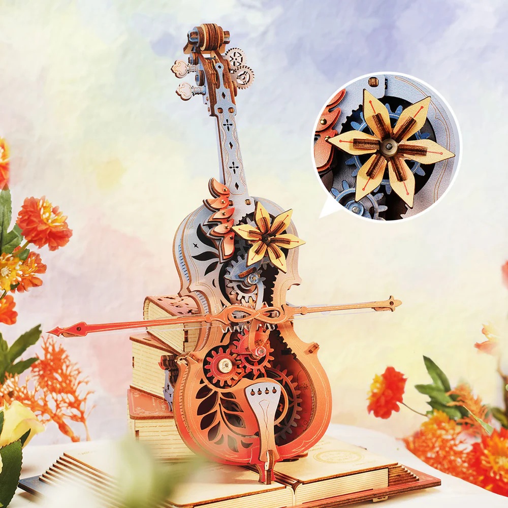 RoboTime 3D dřevěná skládačka hrací skříňky Kouzelné violoncello barevné (mechanický pohon) (obrázek 7)