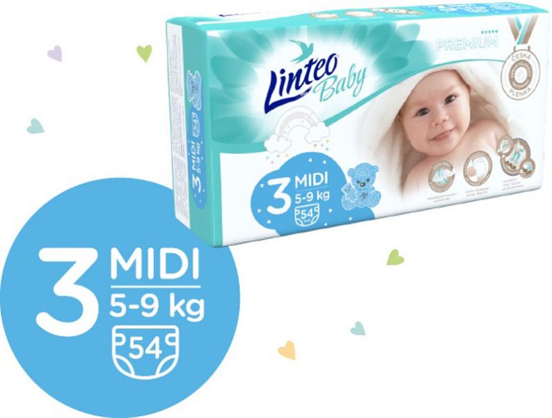 LINTEO BABY Premium Couches Jetables 3 MIDI (5-9 Kg) 216 Pièces