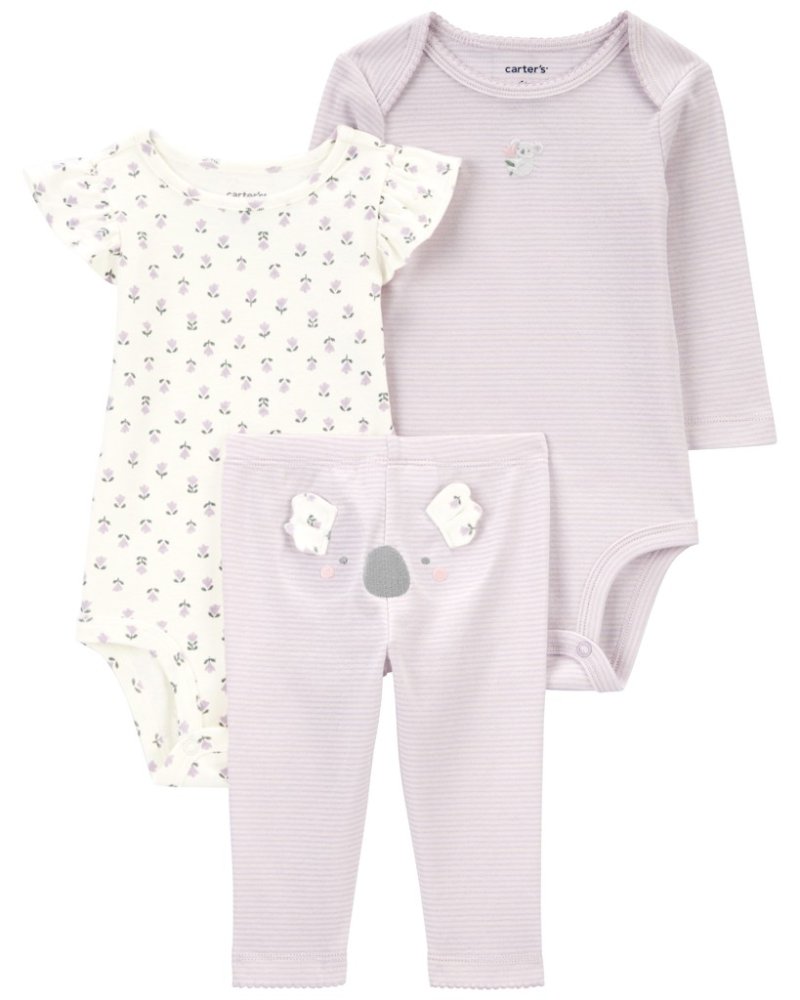 Completo body lungo da 3 pezzi CARTER'S. manica, corpo corto manica, leggings Purple Stripe/Koala bambina taglia 12m. 80