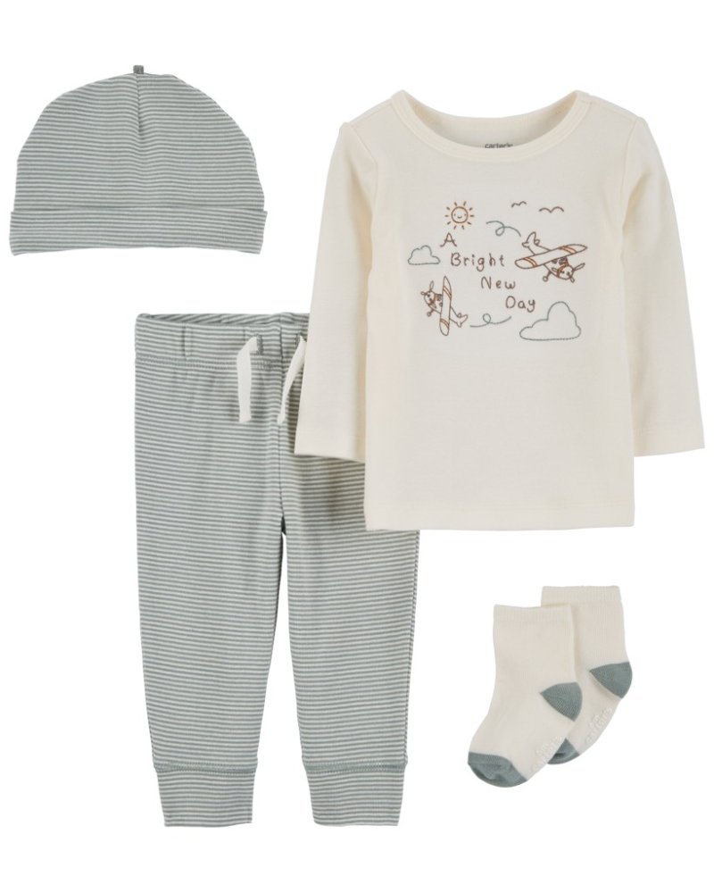 Ensemble T-shirt long 4 pièces CARTER'S. manche, pantalon de survêtement, chapeau, chaussettes Olive/Ivoire Rayé garçon MFL 9m/taille. 74 – Image 4